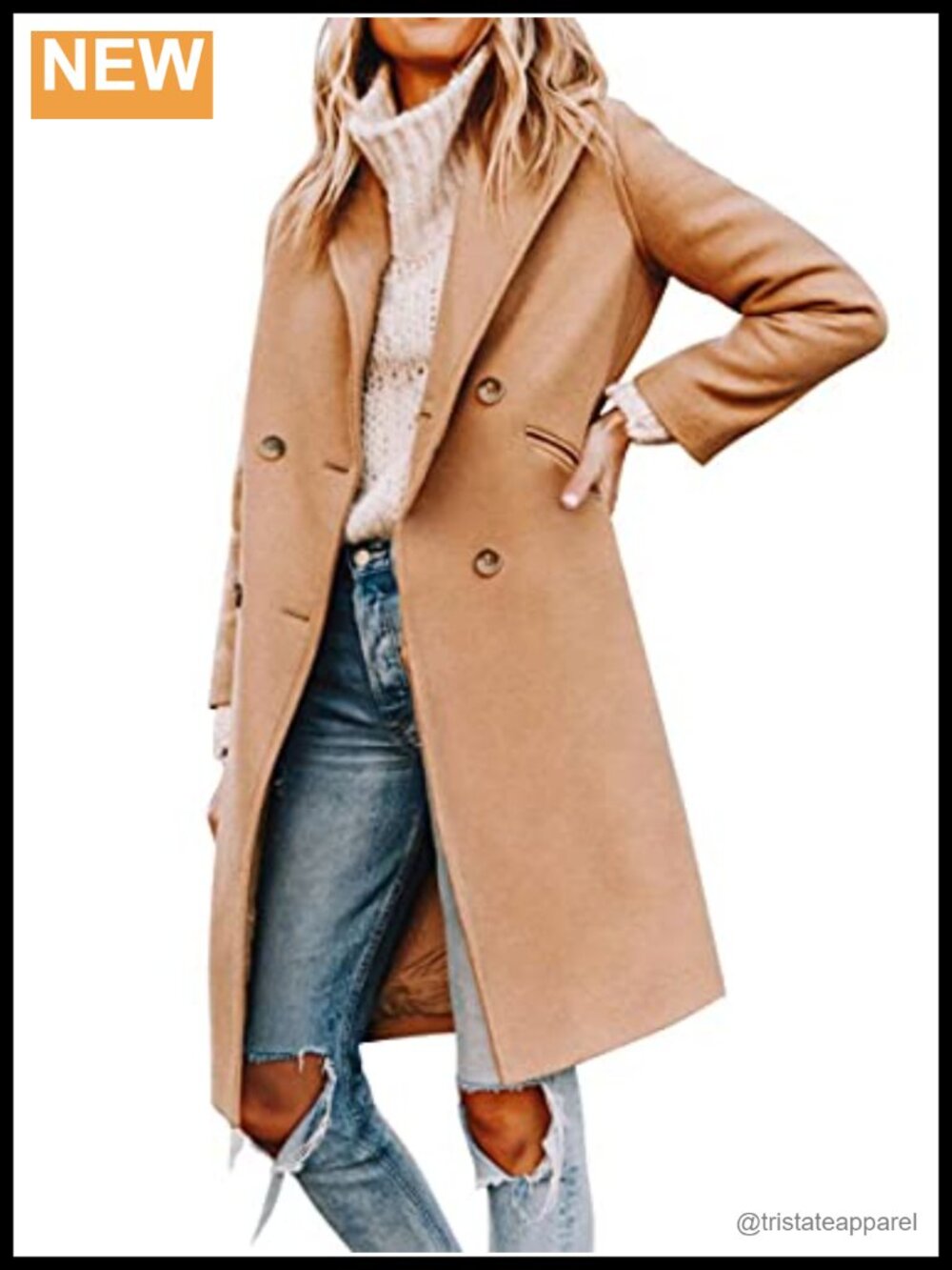 Notched Lapel Double Breasted Pea Coat Mid Long Wool Coat